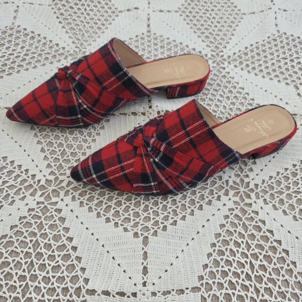 Amanda Blu Red Plaid Mules with Bow Detail Size 10 - Picture 3 of 7